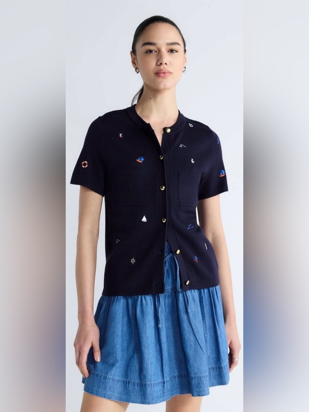 NWT Free Assembly Small Navy Nautical Embroidered Short Sleeve Cardigan Sweater